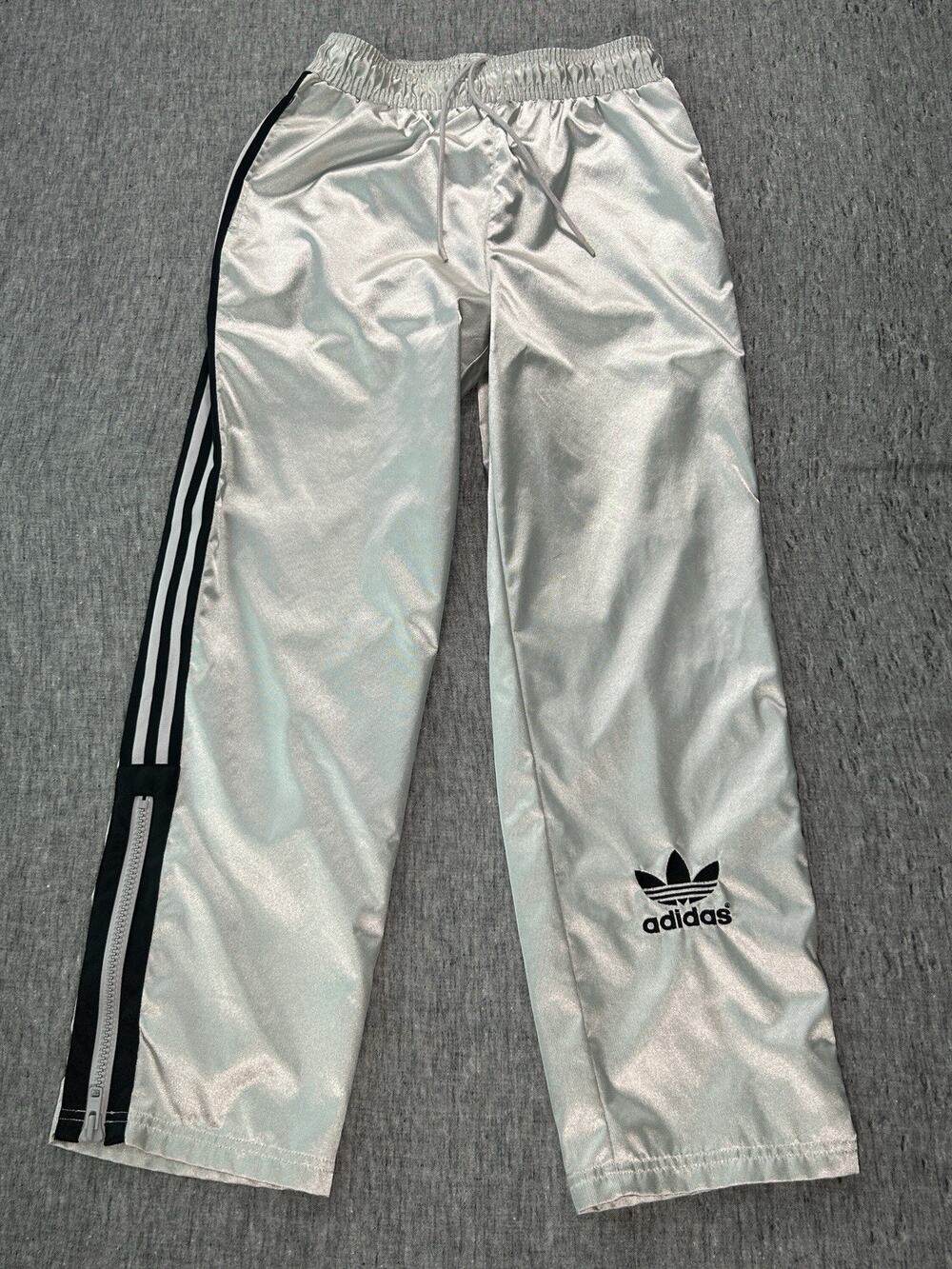 Adidas Track Pants Mens Small Silver 3-Stripes Ankle Zip Athletic Streetwear